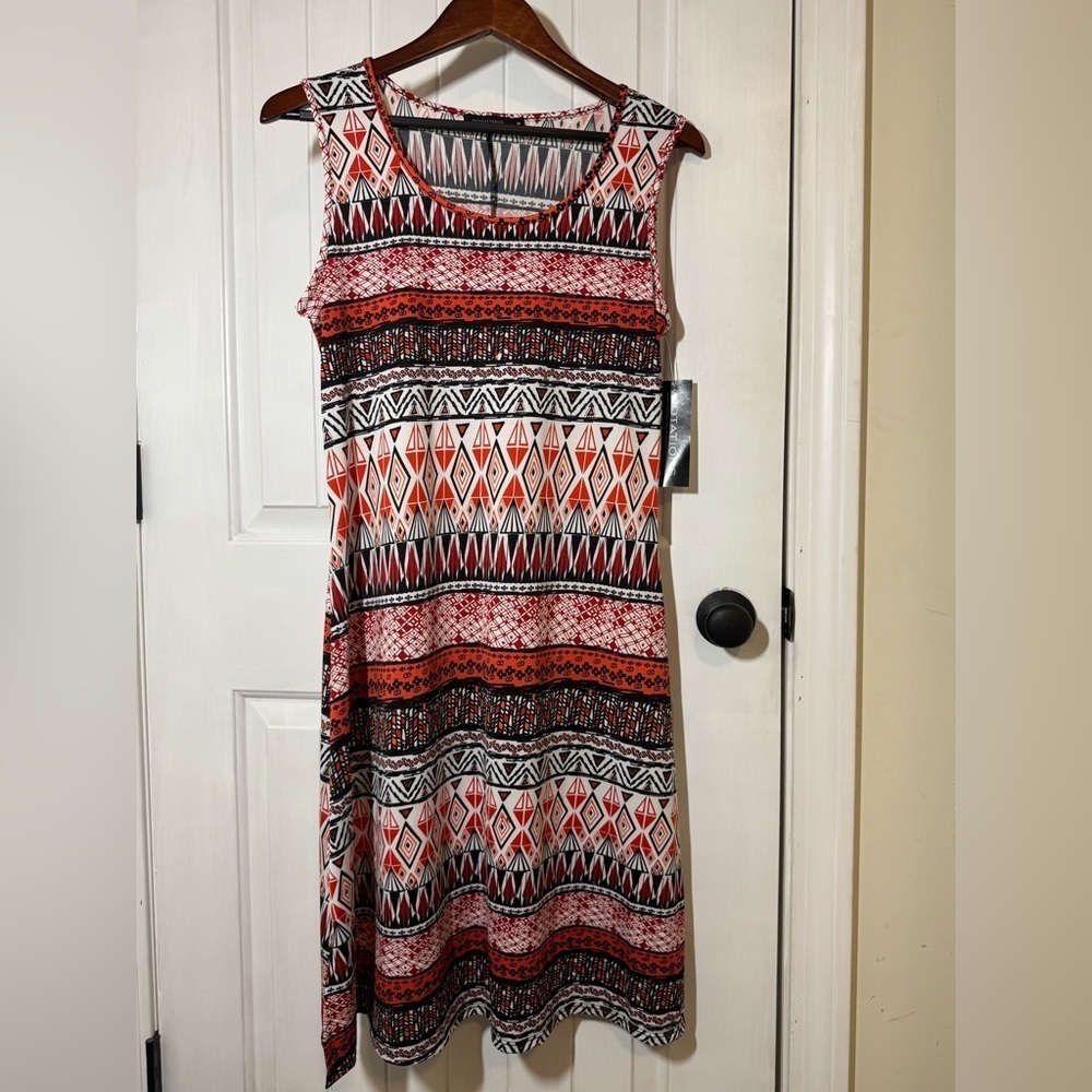 Notations Sleeveless Dress - Red, Black, and White Geometric Print